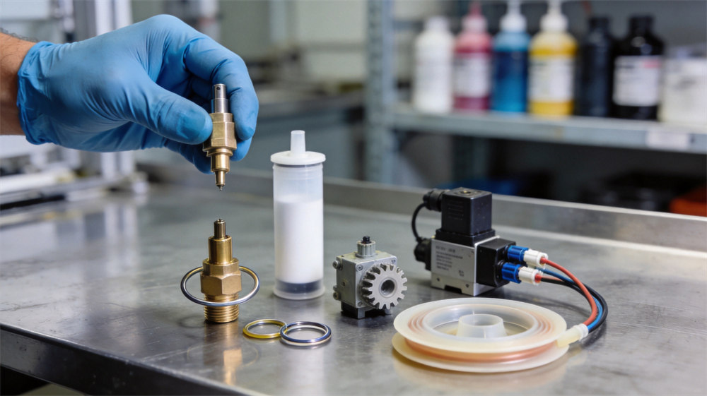 CIJ printer spare parts on a maintenance workbench CIJ printer spare parts on a maintenance workbench